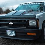 Front view of a classic white Chevrolet pick-up truck parked outdoors in Nuevo Casas Grandes, Chihuahua.